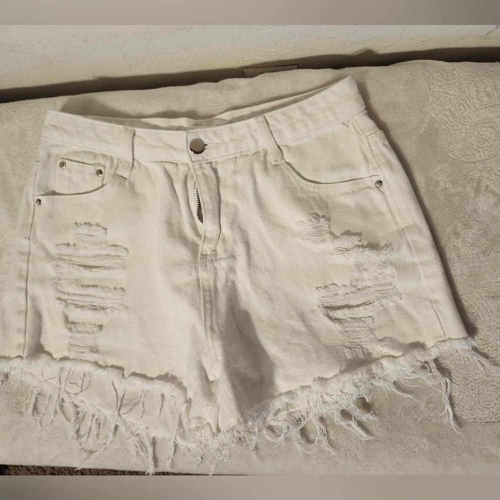 Women's Distressed White Denim Shorts